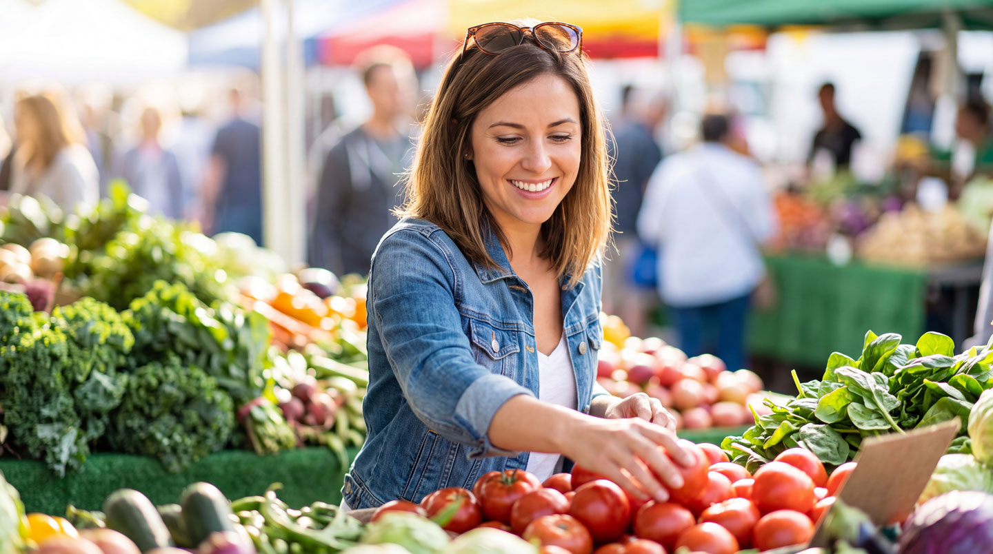 Femme choisissant des tomates fraîches sur un étal de marché français avec légumes de saison colorés et légumineuses en vrac visibles au premier plan
