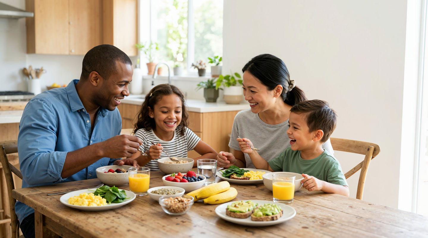 Table familiale française avec repas partagé composé de légumes rôtis, salade et pain complet, mère et enfants interagissant naturellement dans lumière dorée de fin de journée