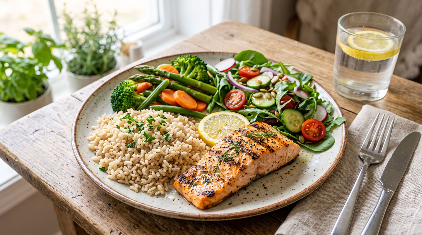 Mains composant une assiette équilibrée sur plan de travail de cuisine moderne : moitié de légumes variés colorés, quart de poisson blanc grillé et quart de riz complet